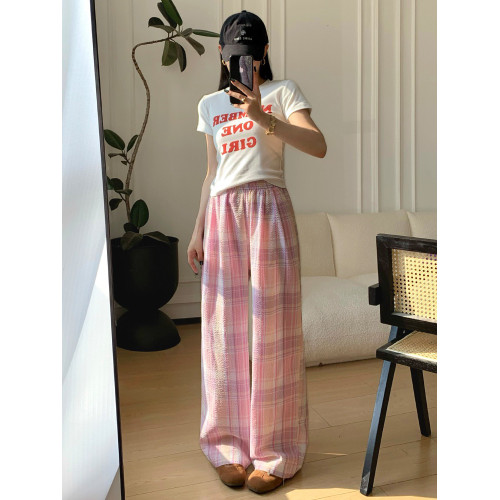 多巴胺格子山本濶腿褲女夏季薄款寬松高腰休閒垂感顯瘦直筒拖地褲