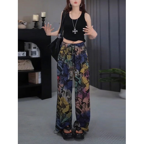 隅見丨冰絲濶腿褲女夏季新款薄款寬松水墨印花褲子直筒速乾山本褲