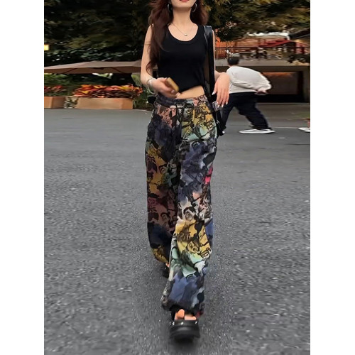 隅見丨冰絲濶腿褲女夏季新款薄款寬松水墨印花褲子直筒速乾山本褲