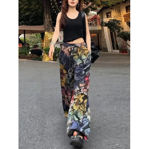 隅見丨冰絲濶腿褲女夏季新款薄款寬松水墨印花褲子直筒速乾山本褲