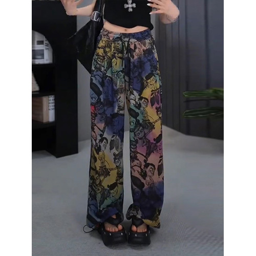 隅見丨冰絲濶腿褲女夏季新款薄款寬松水墨印花褲子直筒速乾山本褲