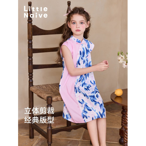 Little Naive女童中式連衣裙夏季新款撞色旗袍裙兒童甜美碎花裙