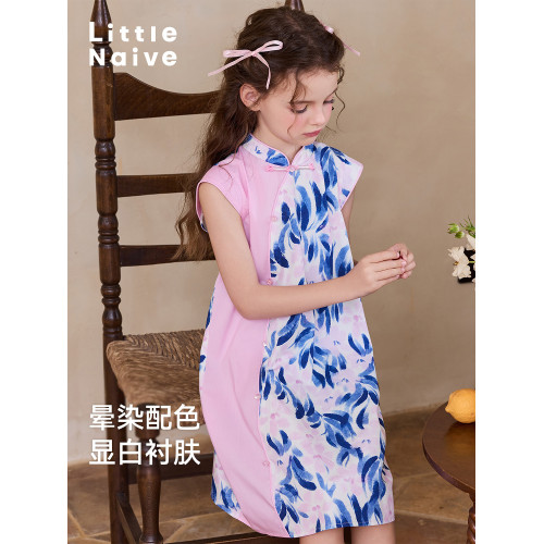 Little Naive女童中式連衣裙夏季新款撞色旗袍裙兒童甜美碎花裙