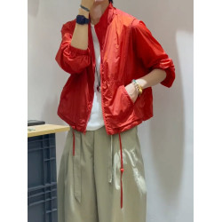 外套女2025新款薄款輕奢高級感夏季防曬服巨好看的紅色抽繩防曬衣