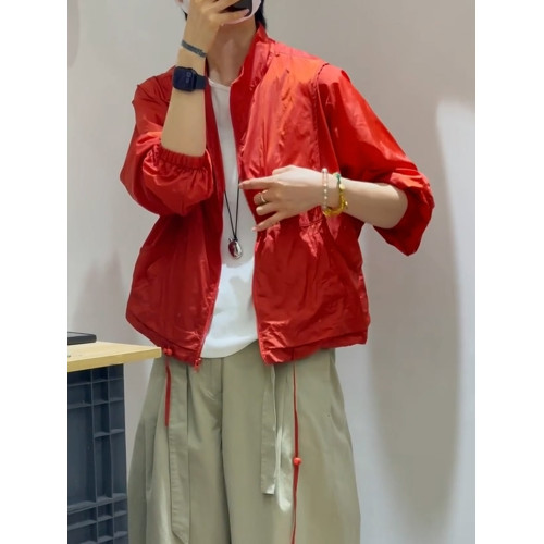 外套女2025新款薄款輕奢高級感夏季防曬服巨好看的紅色抽繩防曬衣