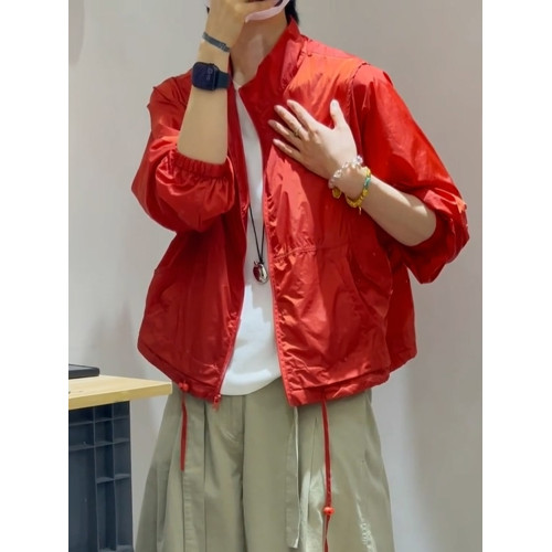 外套女2025新款薄款輕奢高級感夏季防曬服巨好看的紅色抽繩防曬衣