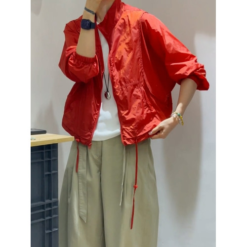 外套女2025新款薄款輕奢高級感夏季防曬服巨好看的紅色抽繩防曬衣