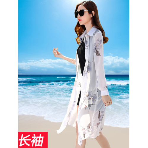 雪紡防曬衣女夏裝長袖薄外套韓版百搭中長款披肩外搭開衫印花上衣
