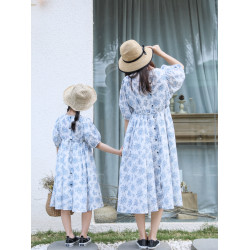 2025夏裝新款小碎花度假風純棉親子裝長裙/文藝寬松母女裝連衣裙