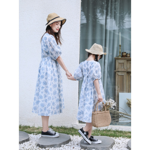 2025夏裝新款小碎花度假風純棉親子裝長裙/文藝寬松母女裝連衣裙