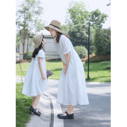 夏裝新款原創洋氣母女裝親子裝海邊度假連衣裙白色寬松文藝長裙