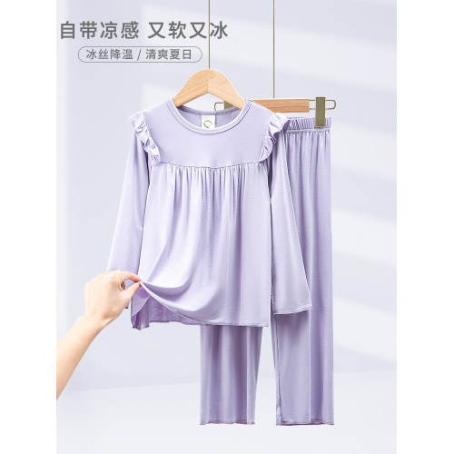 兒童冰絲莫代爾睡衣女童春秋季薄款中大童可外穿青少年套裝小女孩