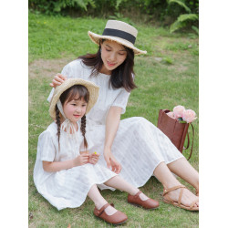 以匠/2025夏裝新款白色蝴蝶暗紋母女裝連衣裙/日系文藝寬松親子裝