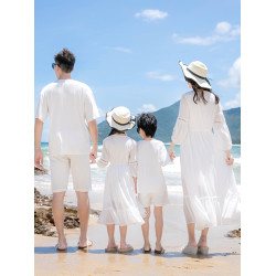 親子裝夏季一家三四口家庭裝海邊度假波西米亞沙灘雪紡白色連衣裙