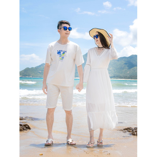 親子裝夏季一家三四口家庭裝海邊度假波西米亞沙灘雪紡白色連衣裙