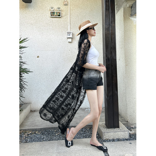 夏季海邊沙灘外披防曬衣開衫女超長款蕾絲網紗比基尼泳衣外搭罩衫