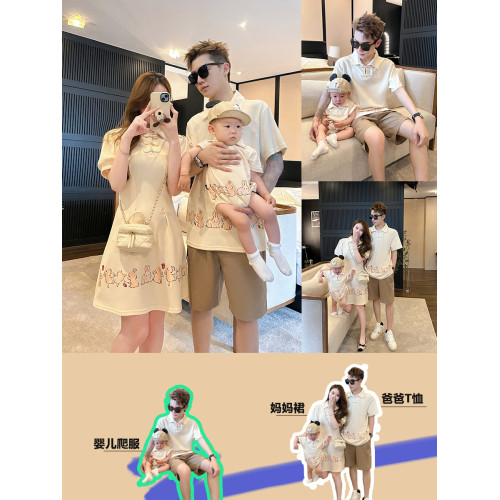 炸街親子裝一家三口夏裝漢服母子母女裝小月齡嬰兒短袖T恤連衣裙