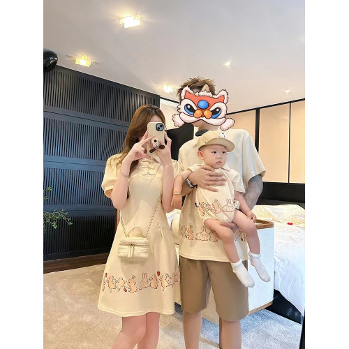 炸街親子裝一家三口夏裝漢服母子母女裝小月齡嬰兒短袖T恤連衣裙