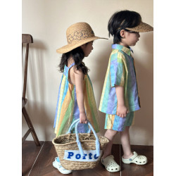 2025新款兄妹裝兒童夏季短袖男女童裝親子裝姐弟裝吊帶裙純棉套裝