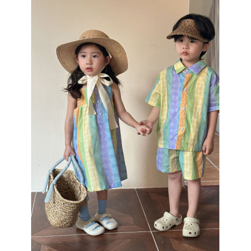 2025新款兄妹裝兒童夏季短袖男女童裝親子裝姐弟裝吊帶裙純棉套裝