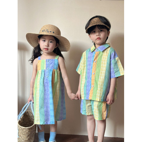 2025新款兄妹裝兒童夏季短袖男女童裝親子裝姐弟裝吊帶裙純棉套裝