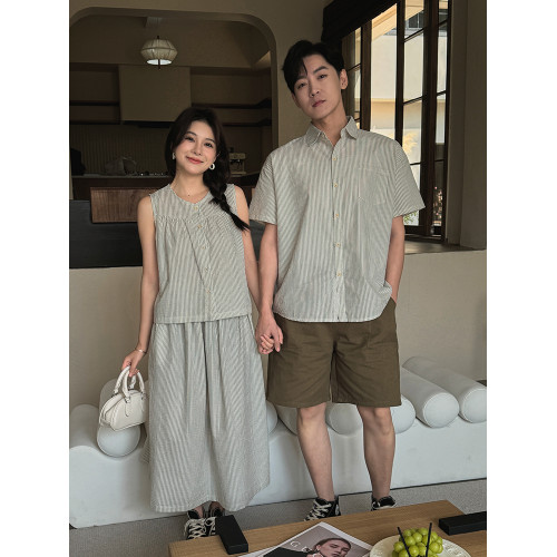 炸街親子裝一家三口夏季薄款母子條紋襯衫洋氣新款韓版母女連衣裙