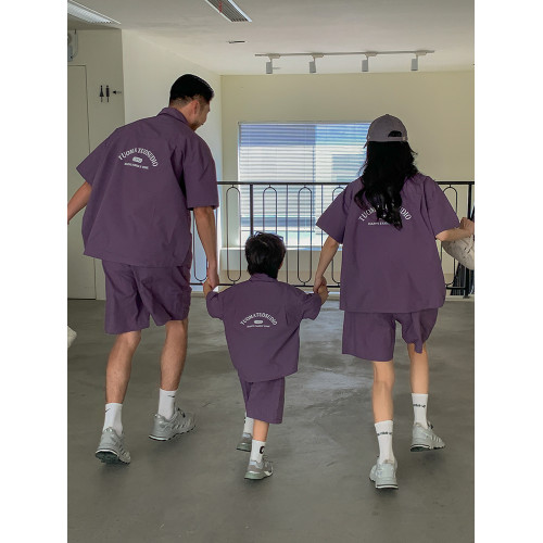 高級親子裝一家三口夏裝全家款母子母女裝短袖襯衫兩件套工裝套裝