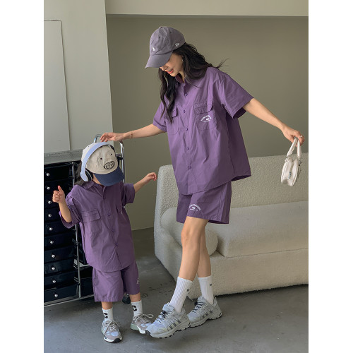 高級親子裝一家三口夏裝全家款母子母女裝短袖襯衫兩件套工裝套裝