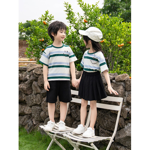 親子裝2025新款夏天一家三口四口短袖t恤母女裙套裝條紋家庭夏季