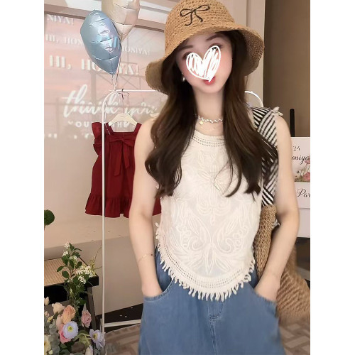 蕾絲背心親子裝夏裝小個子旅遊度假流蘇無袖濶腿牛仔褲母女兩件套