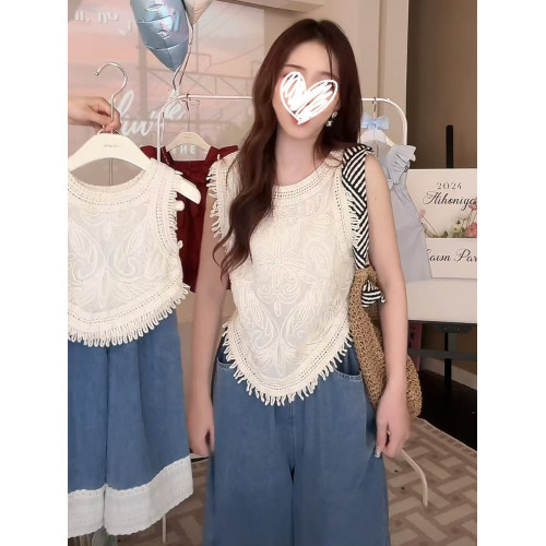 蕾絲背心親子裝夏裝小個子旅遊度假流蘇無袖濶腿牛仔褲母女兩件套