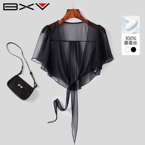 BXV黑色真絲防曬開衫女2025夏季新款薄款外搭防曬服桑蠶絲防曬衣