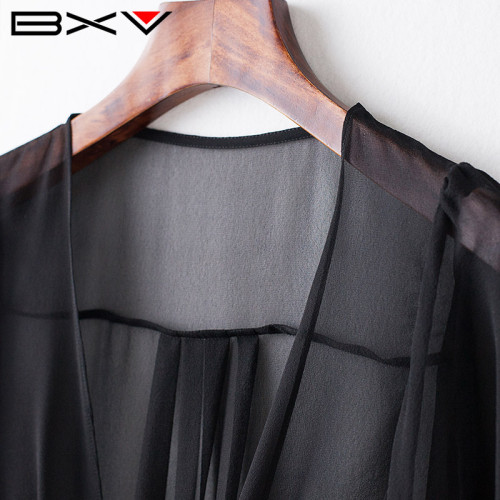 BXV黑色真絲防曬開衫女2025夏季新款薄款外搭防曬服桑蠶絲防曬衣