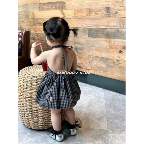 女童夏季連衣裙2025新款韓版童裝掛脖露背吊帶裙寶寶格子背心裙子
