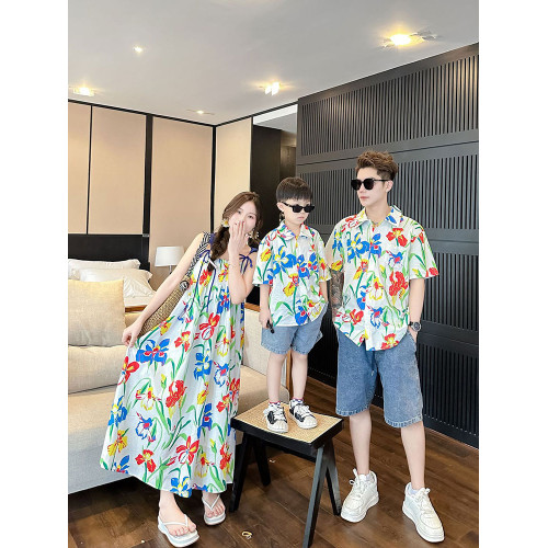 2024新款親子裝夏季海邊度假花襯衫一家三口沙灘裝母女吊帶連衣裙