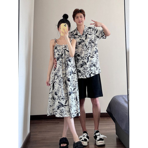 海邊度假親子裝一家三口夏季韓版襯衫水墨印花吊帶沙灘母女連衣裙