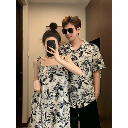 海邊度假親子裝一家三口夏季韓版襯衫水墨印花吊帶沙灘母女連衣裙
