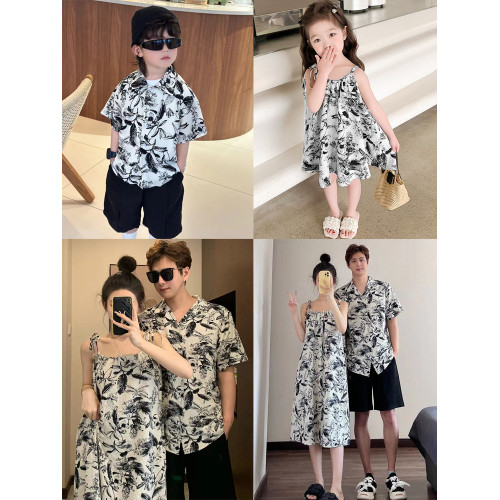海邊度假親子裝一家三口夏季韓版襯衫水墨印花吊帶沙灘母女連衣裙