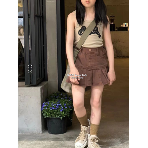 波拉bora韓國童裝女童復古百褶裙2025新款洋氣時髦女孩牛仔裙短裙