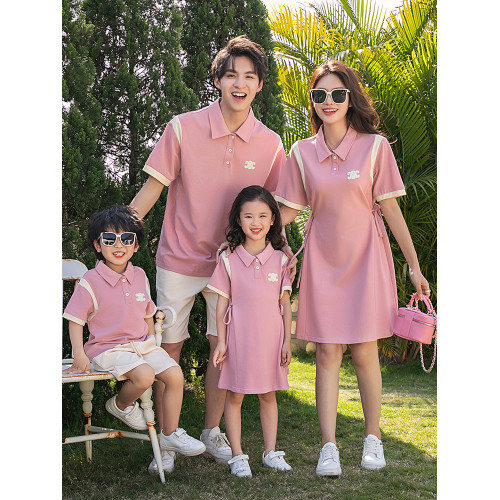 親子裝2025新款母女裝連衣裙一家三口POLO衫夏季高級四口洋氣裙子