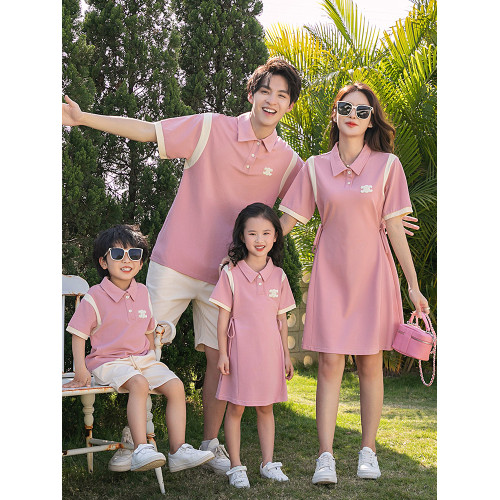親子裝2025新款母女裝連衣裙一家三口POLO衫夏季高級四口洋氣裙子