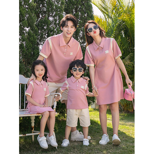 親子裝2025新款母女裝連衣裙一家三口POLO衫夏季高級四口洋氣裙子