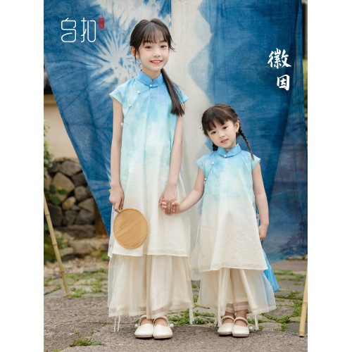 烏釦.徽因 女童旗袍夏款兒童民國風新中式古風套裝親子裝夏季薄款