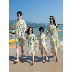 海邊度假親子裝一家三口時尚母女沙灘連衣裙海南三亞全家裝搭套裝