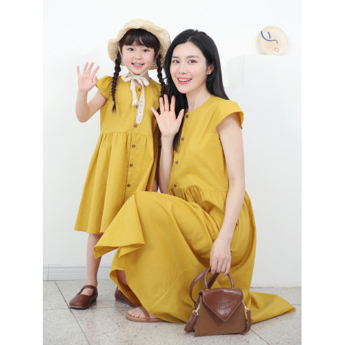 2025夏裝新款文藝淑女黃色麻棉母女裝連衣裙/日系高級洋氣親子裝