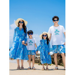 親子裝夏季一家三四口三亞沙灘風套裝三亞海邊度假母女雪紡連衣裙