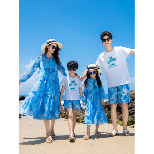 親子裝夏季一家三四口三亞沙灘風套裝三亞海邊度假母女雪紡連衣裙