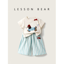 女童夏季套裝2025新款T恤卡通臘腸狗兒童條紋濶腿褲女寶裙子套裝