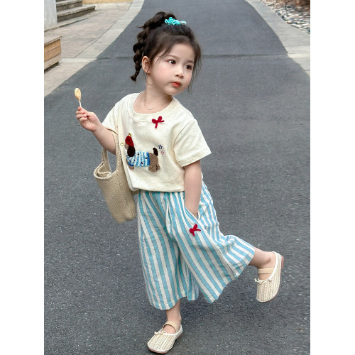 女童夏季套裝2025新款T恤卡通臘腸狗兒童條紋濶腿褲女寶裙子套裝