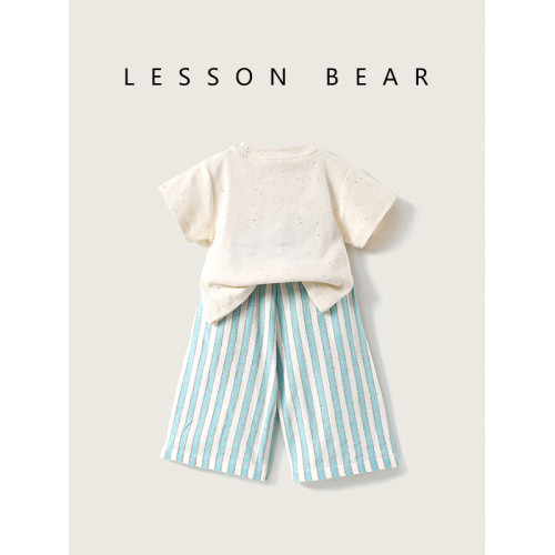 女童夏季套裝2025新款T恤卡通臘腸狗兒童條紋濶腿褲女寶裙子套裝